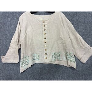 Blue Fish Linen Button Up Top Artsy Leaf Print Beige Lagenlook Boxy